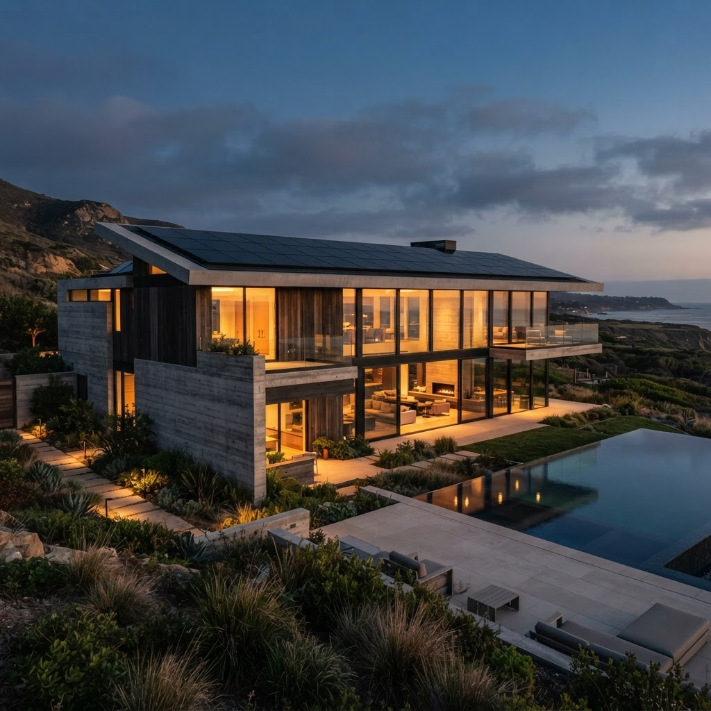 Modern hillside home at dusk with a full rooftop solar array overlooking the coast